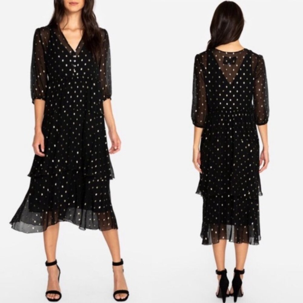 Sz M Johnny Was Love Raja Midi Dress Clip Dot Black Gold Dots Sheer
